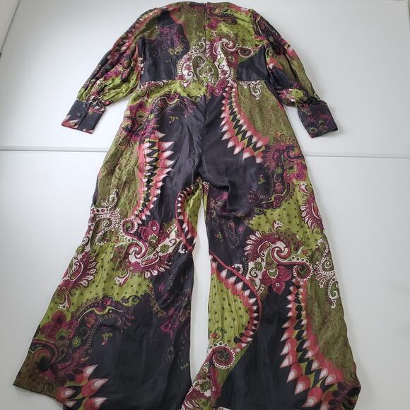 Cenia New York Jumpsuit Womens 10 Green Black Silk Paisley Wide Leg Fairy Whimsy - Picture 2 of 12
